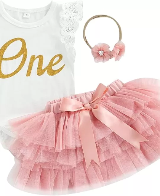 Baby Girl First Birthday Outfit One Fly Sleeve Romper and Tutu Skirts Set with Headband Baby My 1st Birthday