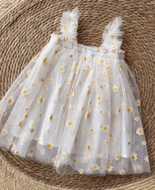 White Daisy Print Tulle Dress