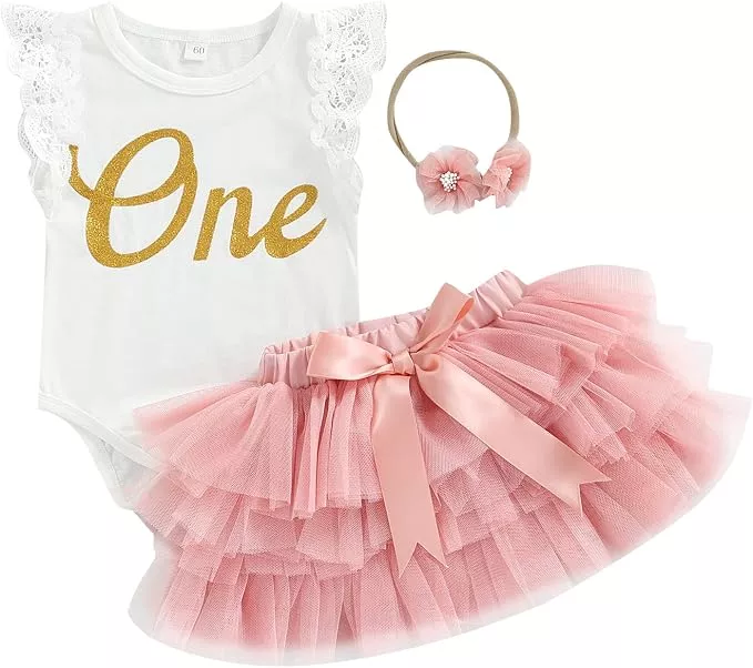 Baby Girl First Birthday Outfit One Fly Sleeve Romper and Tutu Skirts Set with Headband Baby My 1st Birthday