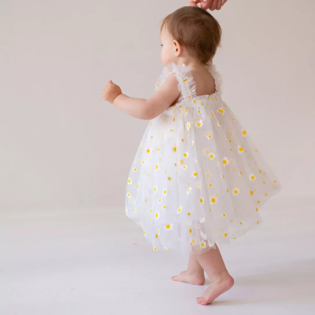 White Daisy Print Tulle Dress