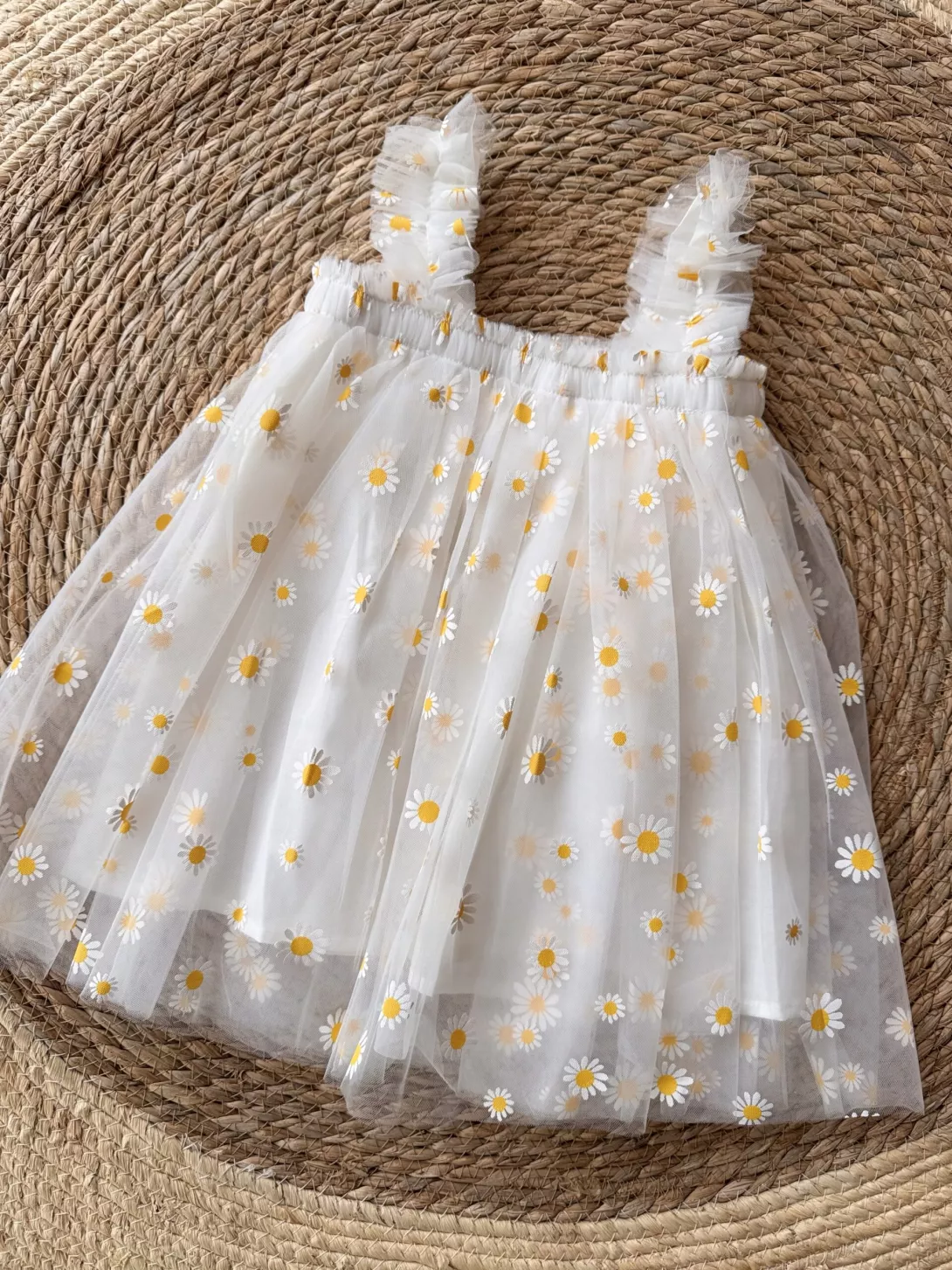 White Daisy Print Tulle Dress